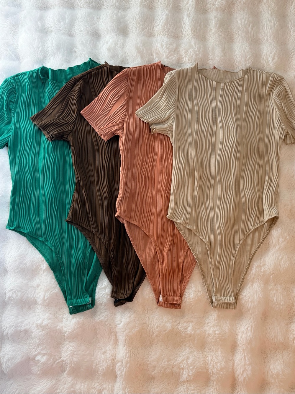 SHEIN Plissé Ribbed Short Sleeve Bodysuit in Teal, Brown, Rust, and Beige